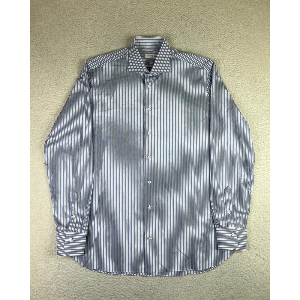 Borriello Napoli Dress Shirt Mens 17 34/35 Blue Stripe Classic Fit Cotton Italy